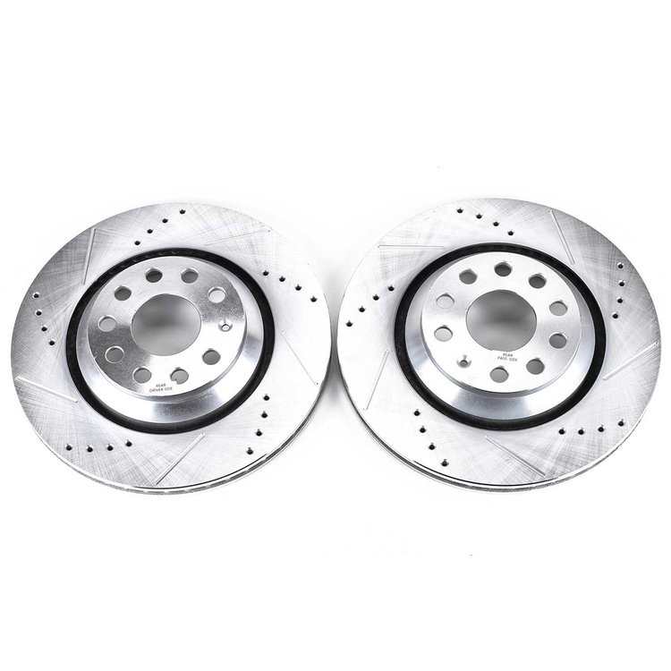 Power Stop drilled and slotted rotors give you the advantages of both drilled holes for cooling and