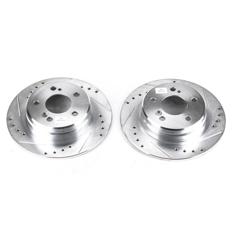 Power Stop drilled and slotted rotors give you the advantages of both drilled holes for cooling and