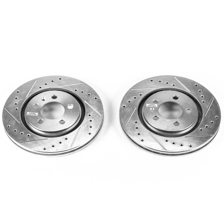 Power Stop drilled and slotted rotors give you the advantages of both drilled holes for cooling and