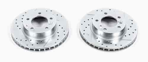 Power Stop drilled and slotted rotors give you the advantages of both drilled holes for cooling and