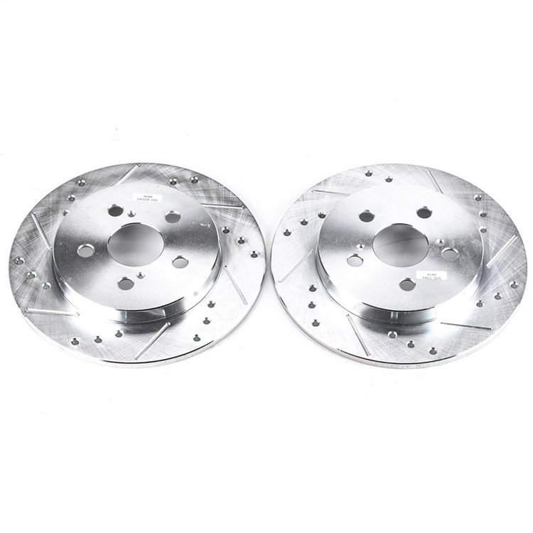 Power Stop drilled and slotted rotors give you the advantages of both drilled holes for cooling and