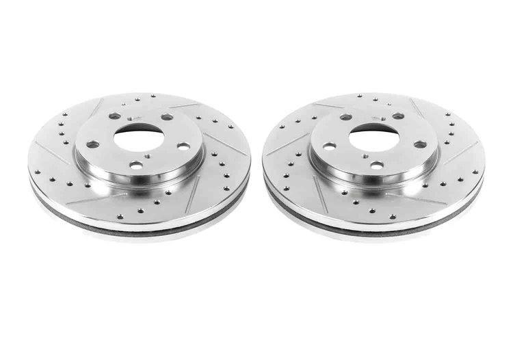 Power Stop drilled and slotted rotors give you the advantages of both drilled holes for cooling and