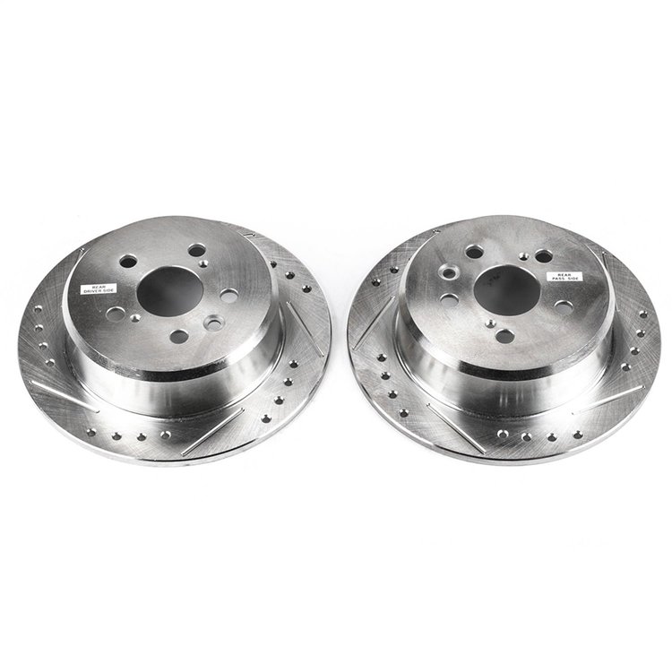 Power Stop drilled and slotted rotors give you the advantages of both drilled holes for cooling and