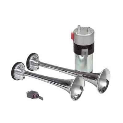 EURO HI/LO-Two Tone Alternating Emergency Hi/LO/Steady Blast. Two 2 Metal Chrome Plated Trumpets. Heavy-Duty 12-Volt Compressor