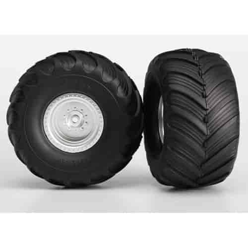 Tires & wheels assembled glued Monster Jam replica satin chrome wheels Monster Jam replica tires foam inserts 2 electric rear 2
