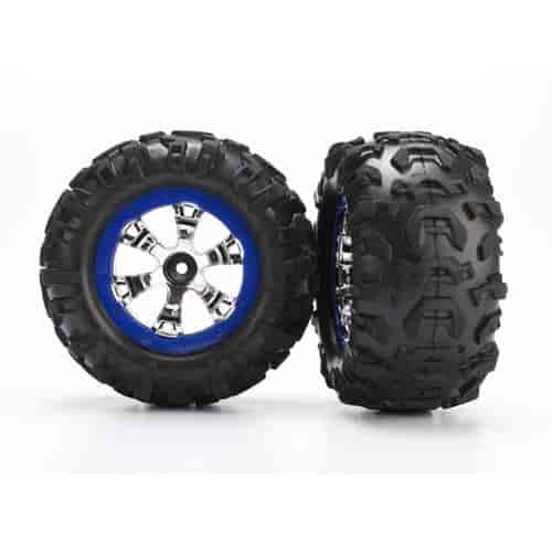 Tires and wheels assembled glued Geode chrome blue beadlock style wheels Canyon AT tires foam inserts 1 left 1 right