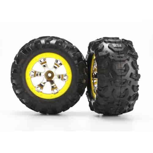 Tires and wheels assembled glued Geode chrome yellow beadlock style wheels Canyon AT tires foam inserts 1 left 1 right