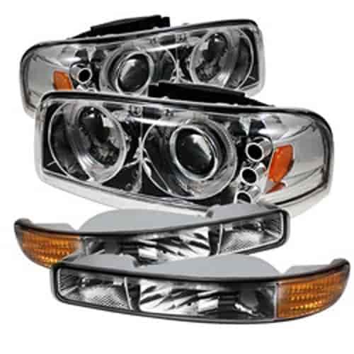 Projector Headlights; Bulbs Included; Pair; W/Bumper Lights; Chrome;