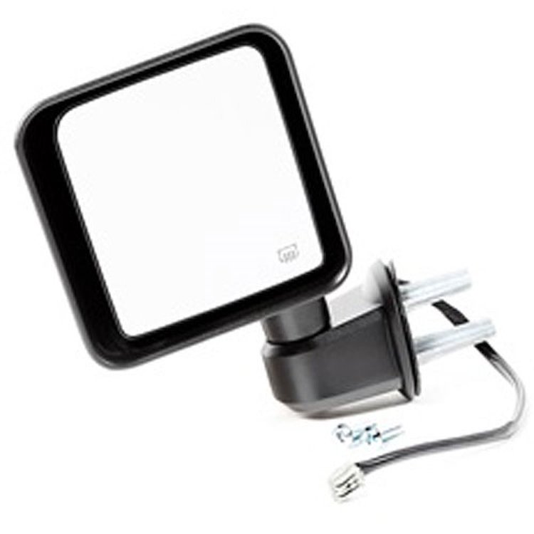 Replacement Black power-heated left side mirror from Omix-ADA, Fits 14 Jeep Wrangler models