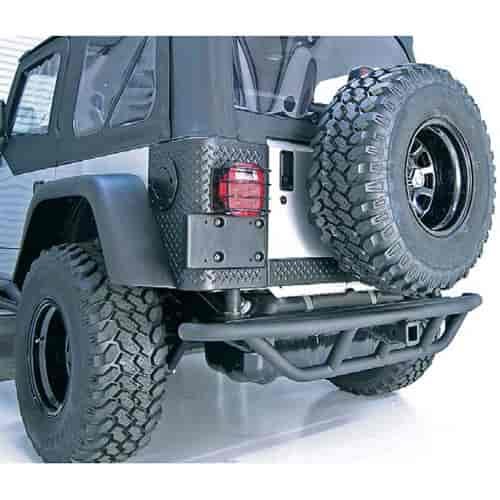 This black powder coated RRC rear bumper from Rugged Ridge fits 87-95 Jeep Wrangler YJ 97-06 Jeep Wr