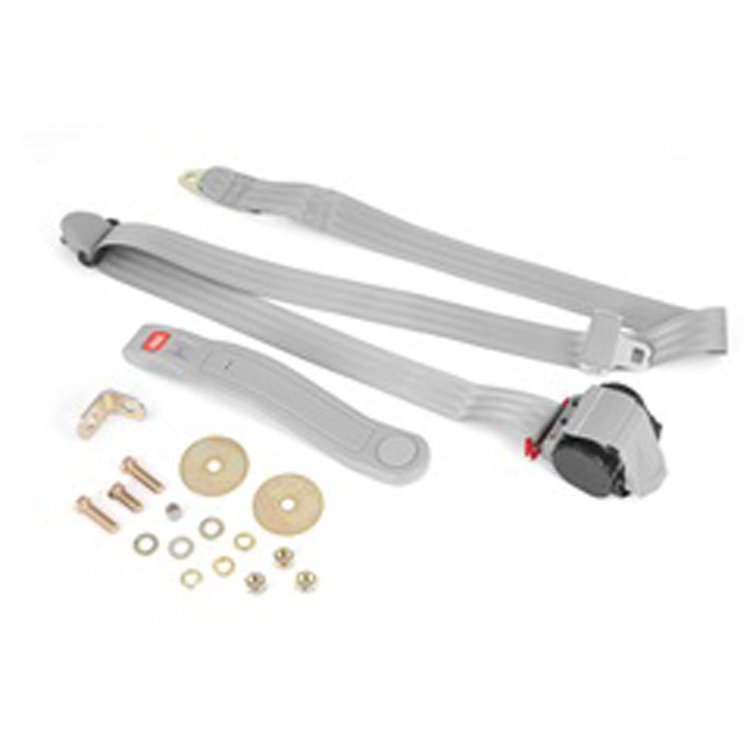 This gray 3-point seat belt from Rugged Ridge fits 76-83 Jeep CJ5 and 87-95 Wrangler YJ . Front or Rear.