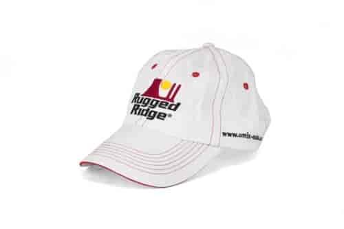This adjustable white and red hat has the Rugged Ridge logo and www.ruggedridge.com stitched along the side.