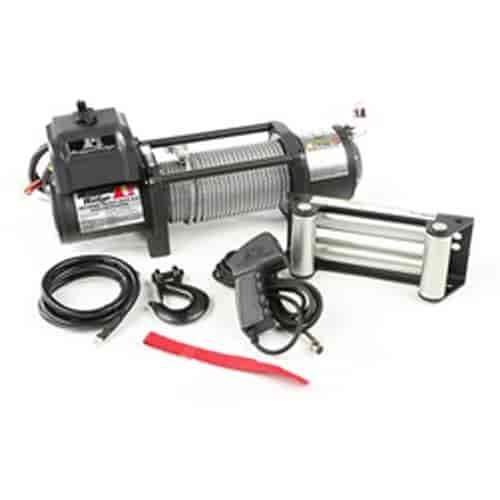 This heavy duty 8 500 lbs. Spartacus winch from Rugged Ridge comes with 94 feet of 3/8 inch steel ca