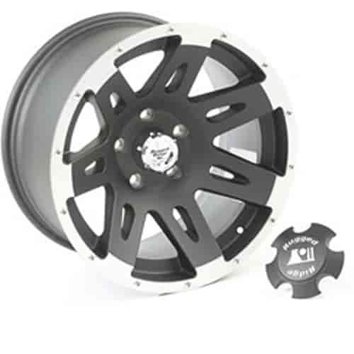 This aluminum XHD wheel measures 17x9 has black powder coat w/ machined lip finish 5x5 bolt pattern.
