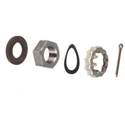 This front axle hardware kit for Dana 30 attaches the brake rotor hub bearing and dust shield to the outer axle shaft.