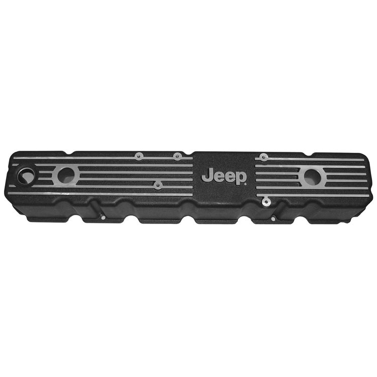 This licensed Mopar 4.2 aluminum valve cover has the Jeep logo and is powdercoated black for 81-86 J