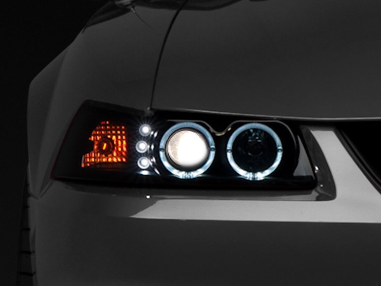 49113 Dual LED Halo Projector Headlights for 1999-2004 Ford Mustang, Black Housing [Smoked Lens]