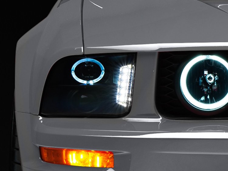 49128 LED Halo Projector Headlights for 2005-2009 Ford Mustang w/ Factory Halogens (Excl. GT500), Black Housing [Smoked Lens]