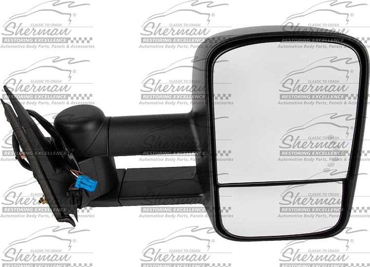 RH DR MIRROR PWR HEATED TEXT BLK MANUAL FLDG TELESCOPIC TOW TYPE W/ SIGNAL IN GLASS SILVERADO 03-07