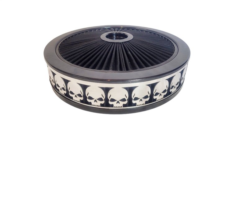 750014 Air Filter Assembly, Blingz Beauty Bandz, Skullz Grill Insert, 14 in. x 3 in. Black Filter Element, Black Chrome Lip