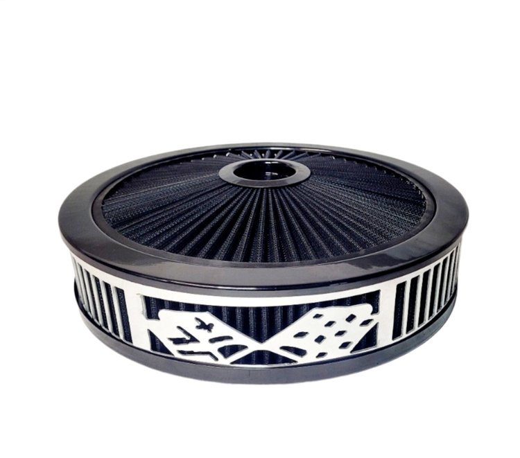 750019 Air Filter Assembly, Blingz Beauty Bandz, Checkered Flag Grill Insert, 14 in. x 3 in. Black Filter, Black Chrome Lip