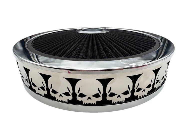 750027 Air Filter Assembly, Blingz Beauty Bandz, Skullz Grill Insert, 14 in. x 3 in. Black Filter Element, Bright Chrome Lip