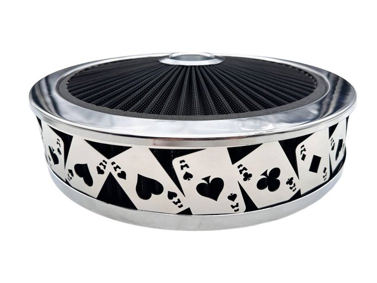 750028 Air Filter Assembly, Blingz Beauty Bandz, Aces Wild Grill Insert, 14 in. x 3 in. Black Filter Element, Bright Chrome Lip