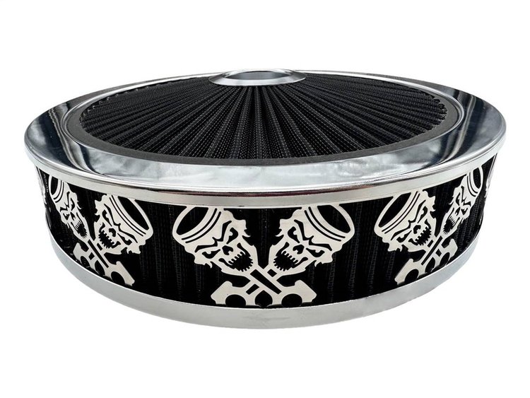 750030 Air Filter Assembly, Blingz Beauty Bandz, Skullz And Rods Grill Insert, 14 in. x 3 in. Black Filter, Bright Chrome Lip