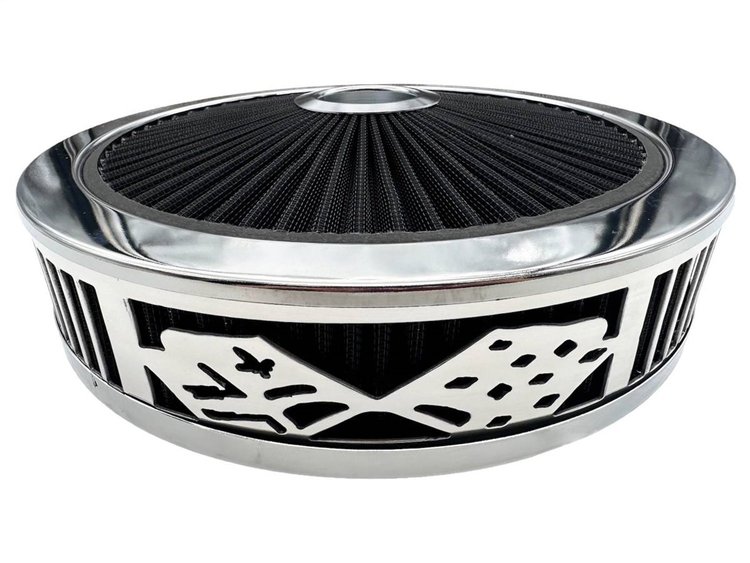 750032 Air Filter Assembly, Blingz Beauty Bandz, Checkered Flag Grill Insert, 14 in. x 3 in. Black Filter, Bright Chrome Lip