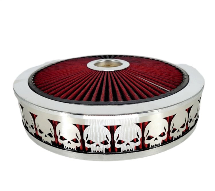 750040 Air Filter Assembly, Blingz Beauty Bandz, Skullz Grill Insert, 14 in. x 3 in. Red Filter Element, Bright Chrome Lip