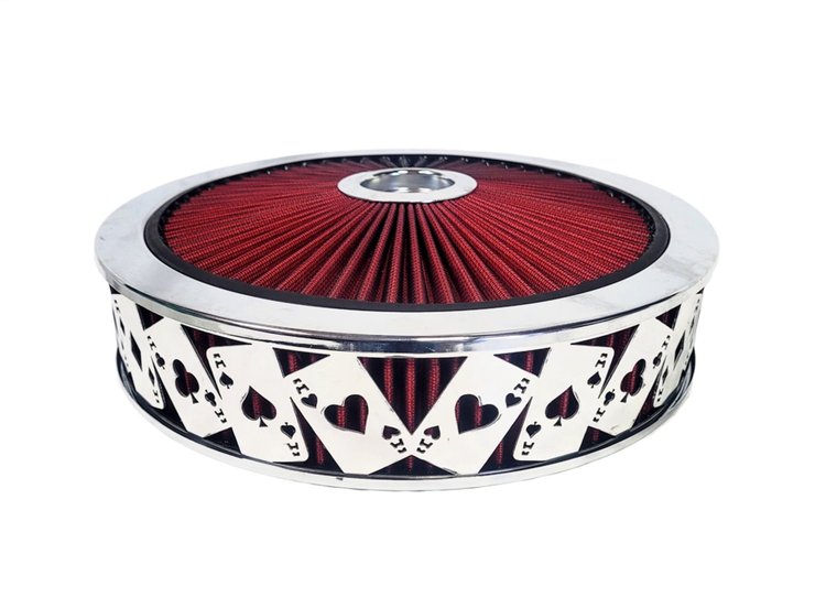 750041 Air Filter Assembly, Blingz Beauty Bandz, Aces Wild Grill Insert, 14 in. x 3 in. Red Filter Element, Bright Chrome Lip