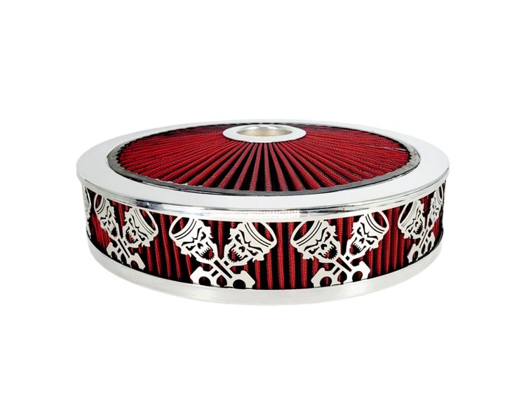 750043 Air Filter Assembly, Blingz Beauty Bandz, Skullz And Rods Grill Insert, 14 in. x 3 in. Red Filter, Bright Chrome Lip