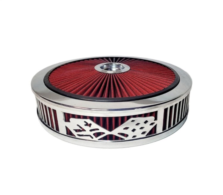 750045 Air Filter Assembly, Blingz Beauty Bandz, Checkered Flag Grill Insert, 14 in. x 3 in. Red Filter, Bright Chrome Lip