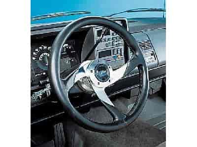 Boomerang Style Steering Wheel Black Leather-Grained Vinyl Grip w/ Chrome Spokes