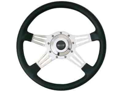 LeMans Steering Wheel Black Hand Stitched Leather Grained Vinyl Grip Slotted 4-Spoke - Polished Aluminum 14" Diameter