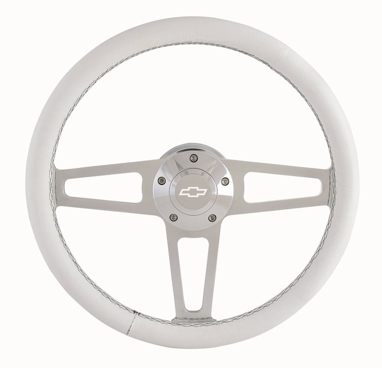 1911W Billet T Series White Wrapped Polished Spoke Steering Wheel w/Chevrolet Logo & Install Kit