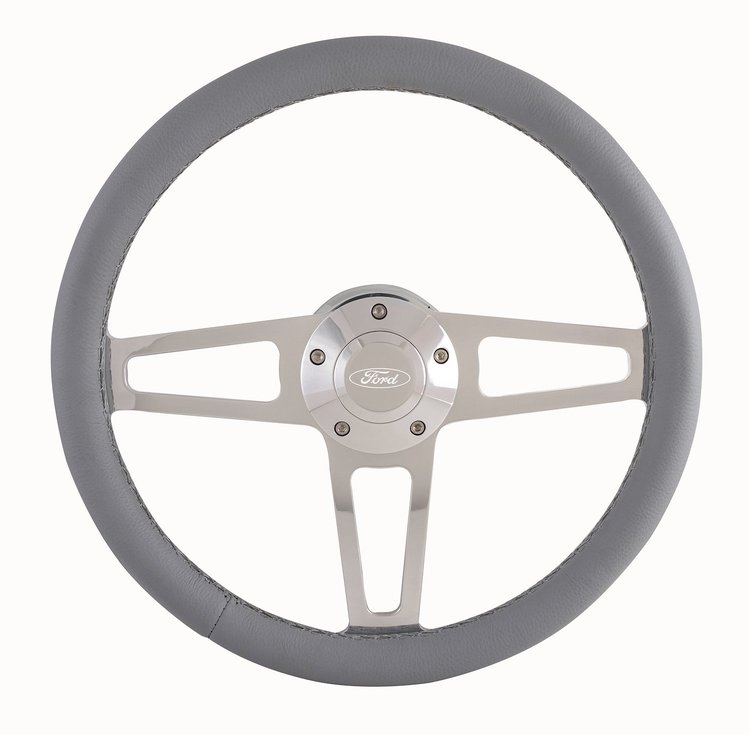 1912-1G Billet T Series Polished Steering Wheel with Ford Logo and Install Kit [14 in., Gray Grip]