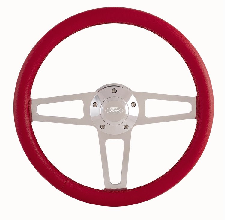 1912-1R Billet T Series Red Wrapped Polished Spoke Steering Wheel w/Ford Logo & Install Kit