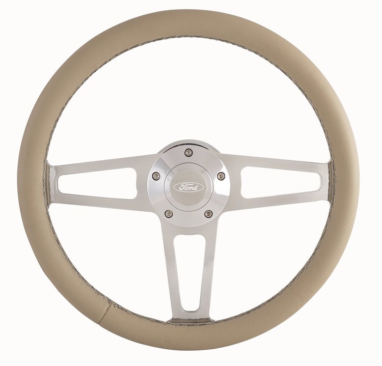 1912-1T Billet T Series Tan Wrapped Polished Spoke Steering Wheel w/Ford Logo & Install Kit