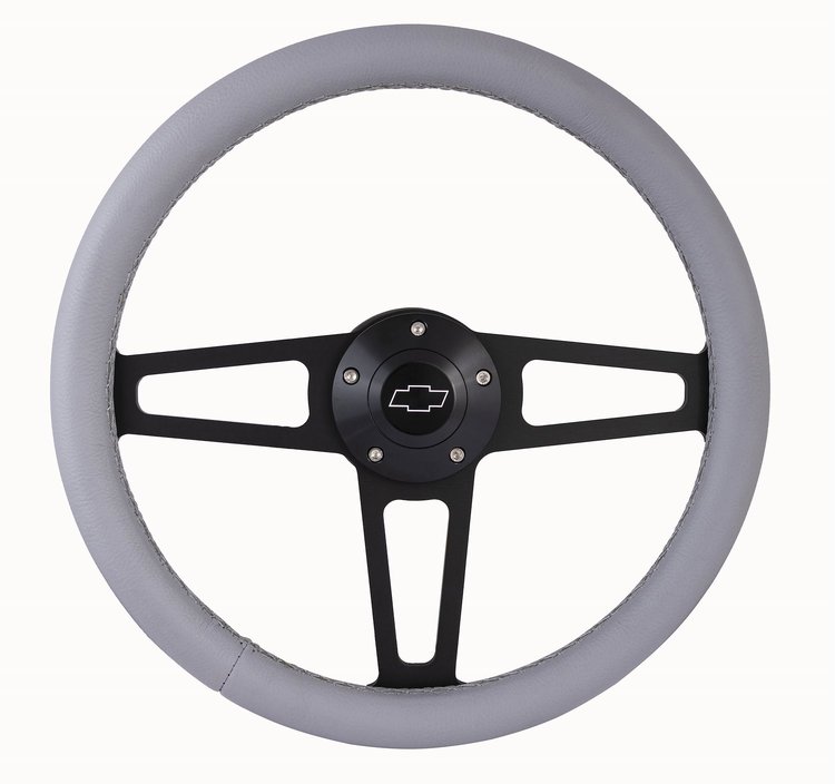 1916G Billet T Series Gray Wrapped Black Spoke Steering Wheel w/Chevrolet Logo & Install Kit