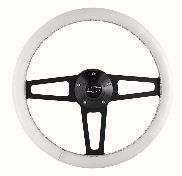 1916W Billet T Series White Wrapped Black Spoke Steering Wheel w/Chevrolet Logo & Install Kit