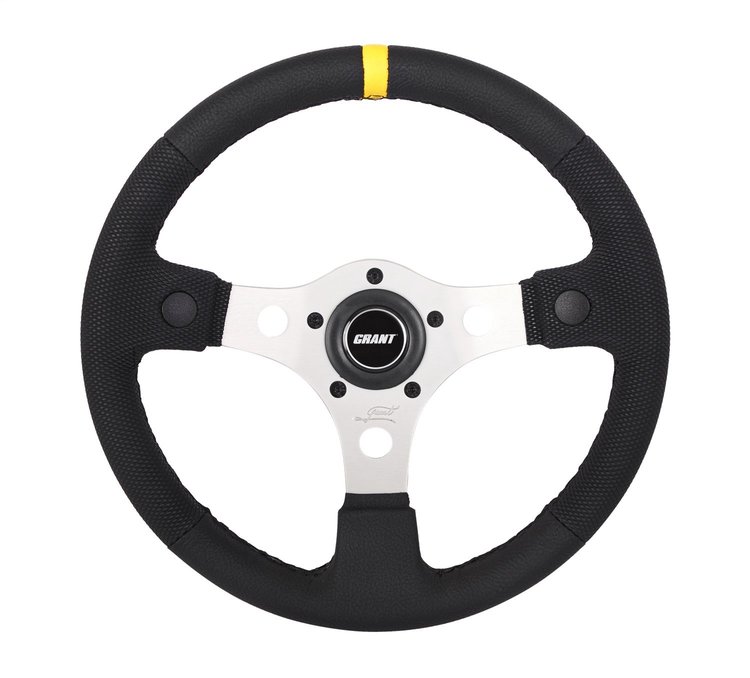 Performance GT Steering Wheel 13" Diameter Black Vinyl w/Yellow Top Marker Silver Spokes 2 Switch Holes (Switches Not Included)
