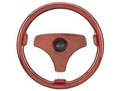 Elegant Steering Wheel Dark Hand Rubbed Mahogany Spoke Cover & Grip 3-Spoke - Polished Aluminum 14" Dia., 3" Dish