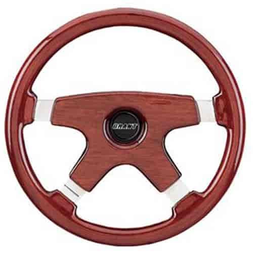 Elegant Steering Wheel Dark Hand Rubbed Mahogany Spoke Cover & Grip 4-Spoke - Polished Aluminum 14" Dia., 3" Dish