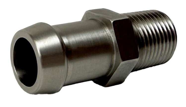 PF-1040-SS Heater Hose Fitting, 3/8 in. NPT Male to 5/8 in. Hose Barb, 1 3/4 in. Length, Straight [Stainless Steel]