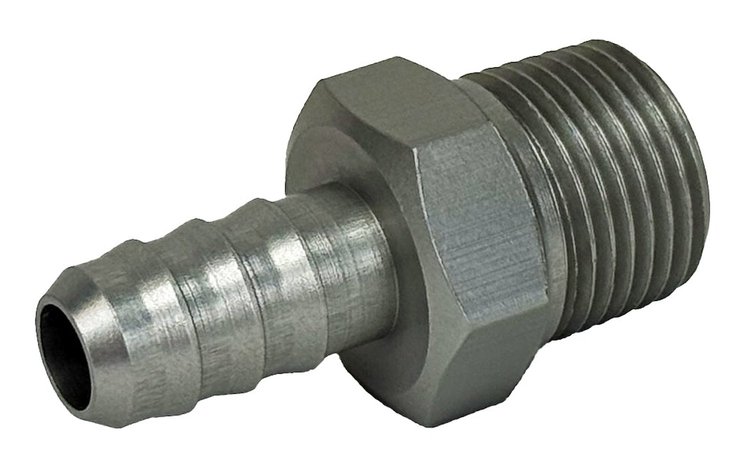 PF-4202-C Adapter Fitting, 3/8 in. NPT Male to 3/8 in. Hose Barb, Straight, Aluminum [Clear Anodized]