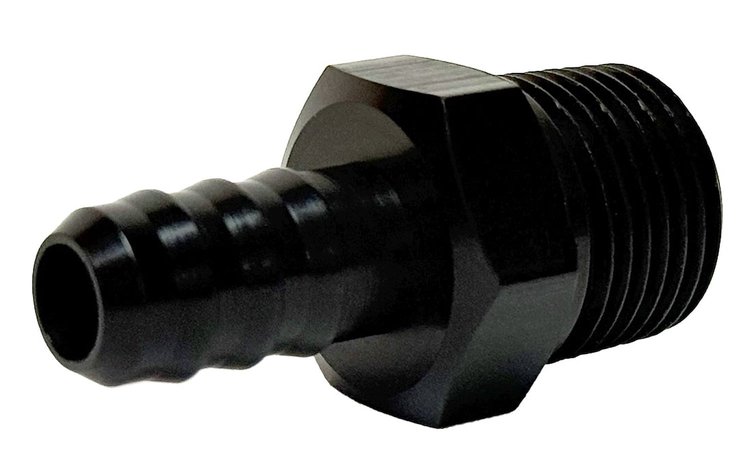 PF-4202 Adapter Fitting, 3/8 in. NPT Male to 3/8 in. Hose Barb, Straight, Aluminum [Black Anodized]