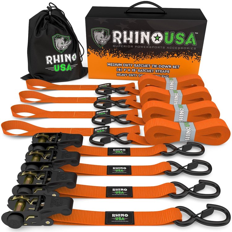 RCHT-4PACK-ORG Medium Duty Ratchet Strap Tie-Downs [Orange, Set of 4]