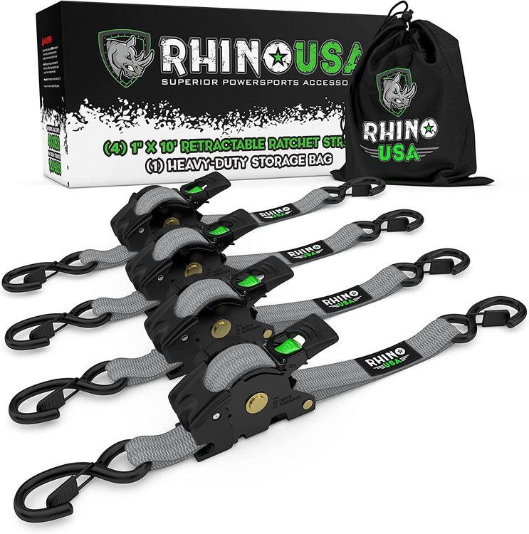 TD-RSRE1X10-GRY Retractable Ratchet Straps [1 in. x 10 ft., Gray, Set of 4]