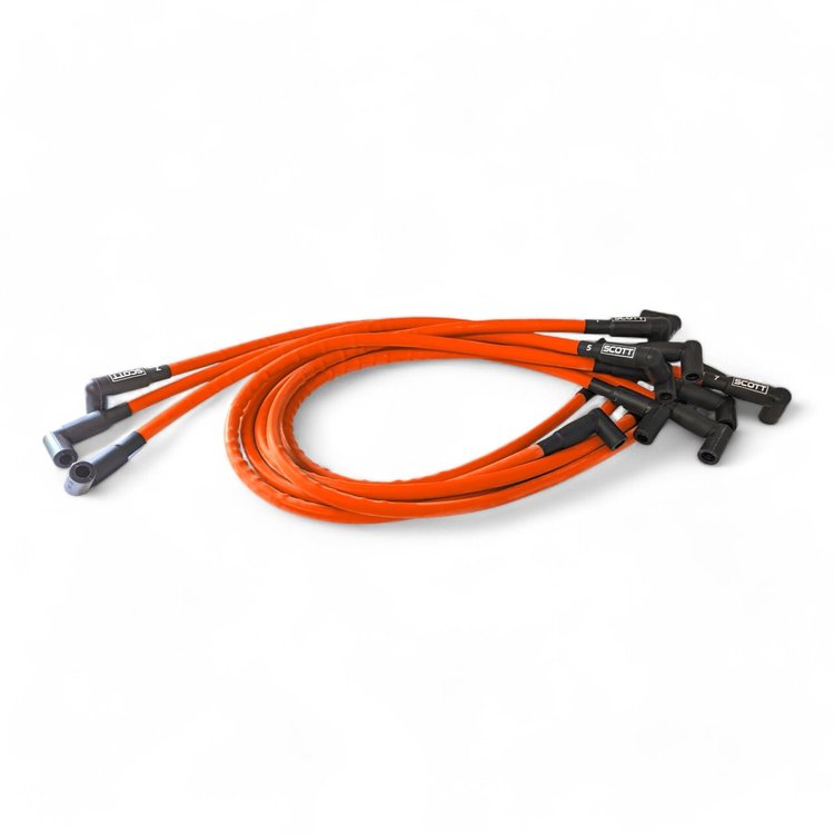 SPW300-CH-435-9 Super Mag Fiberglass-Oversleeved Spark Plug Wire Set for Small Block Chevy, Around Front [Orange]